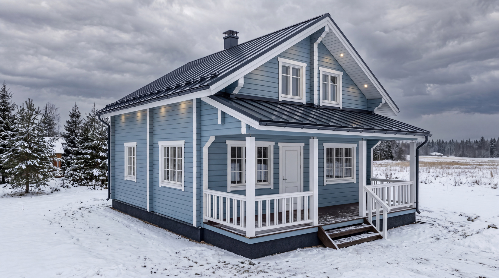 Продающий ИИ-рендер фасада дома — стиль «брус green gray blue scandi»